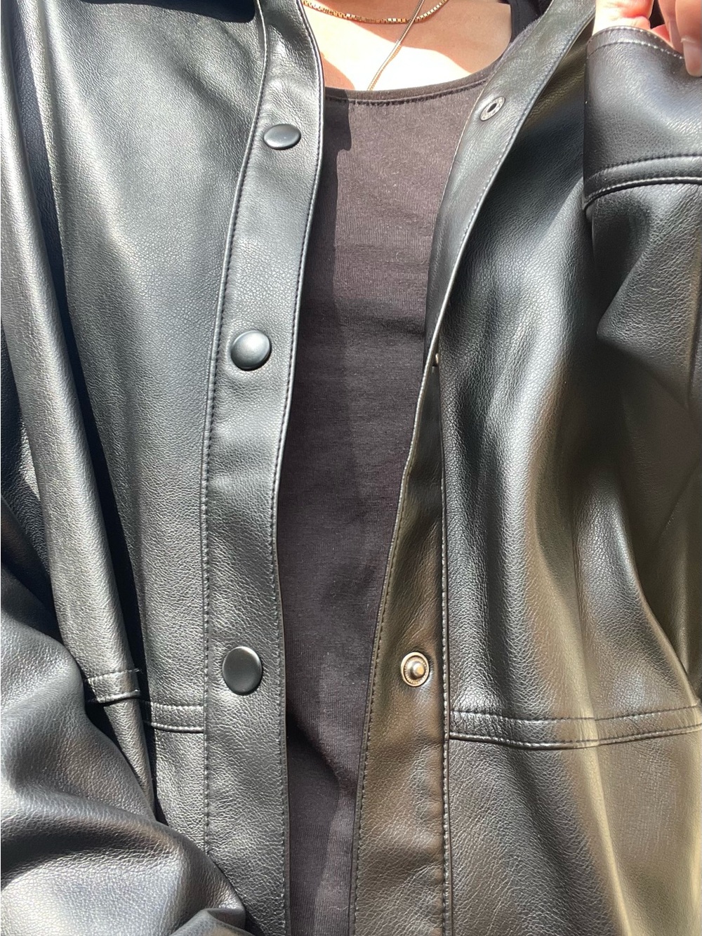 Dynamite Black Leather Snap-Front Bomber Coat